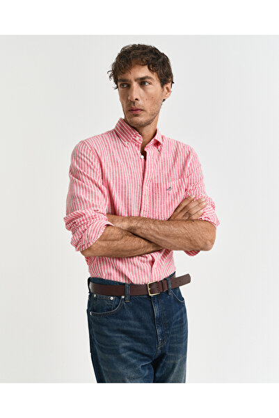 Gant Erkek Kırmızı Regular Fit Düğmeli Yaka Çizgili Keten Gömlek