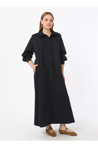 ALİA Plus Size Dress with Poplin Fabric - Navy Blue - Alia