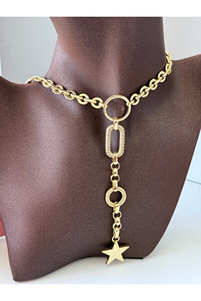 ACCESSORYHUB Işıltılı Yıldız Uçlu Halka Detaylı Altın Renk Zincir Kolye