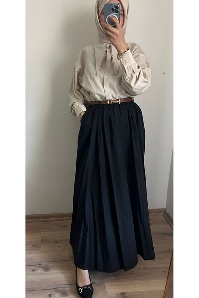Butik Kemerli Poplin Pileli Etek