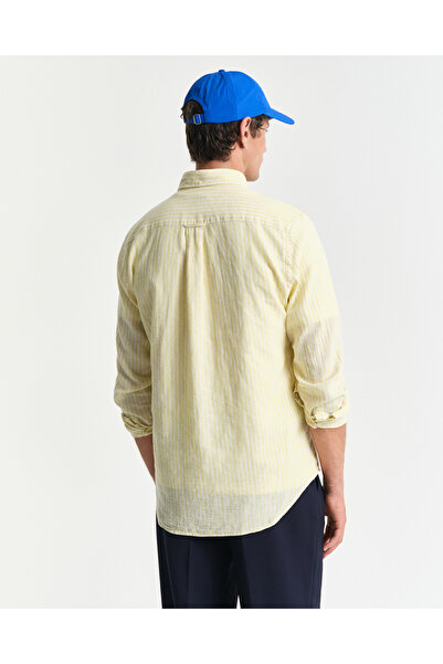 Gant Erkek Sarı Regular Fit Düğmeli Yaka Çizgili Gömlek