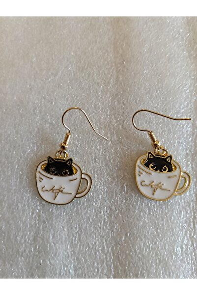 Butik Tülin أقراط متدلية على شكل قطة في كوب مينا ملون معدني ذهبي أصلي مقاس 3....