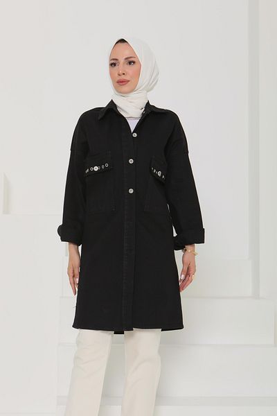 TOFİSA Jachetă de blugi oversize pentru femei, cu buzunar Bird Eye, neagră - 26579