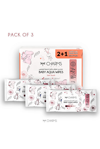 Charms مناديل بيبي أكوا - ناعمة الملمس، 60 منديل (عبوة قيمة 2 + 1) مع تركيبة ...