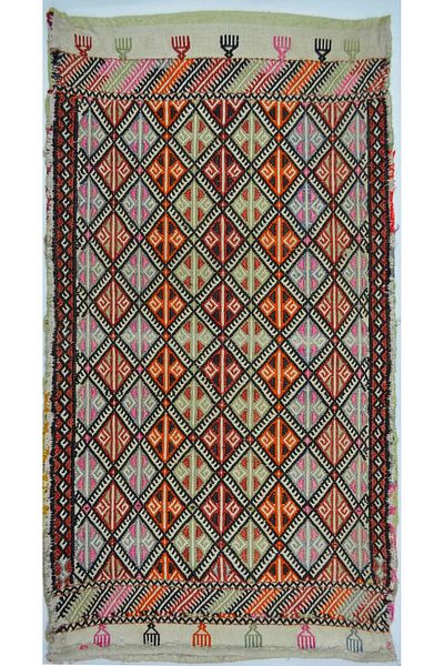 Handmade Vintage Konya Cicim Hand Woven Cream Floor Multicolored Wool Pillow 60X100 cm (0.60 m²)