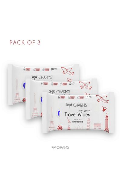 Charms مناديل سفر مضادة للبكتيريا، 10 مناديل (عبوة قيمة 2+1) خالية من الكحول والبارابين، متوازنة الحموضة