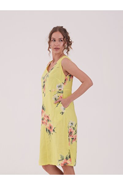 Ezgi Otantik Solo Çiçek Desenli Keten Elbise