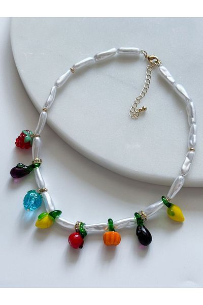 CHARMLUCKY Murano Glass Fruit Charm Pearl Necklace