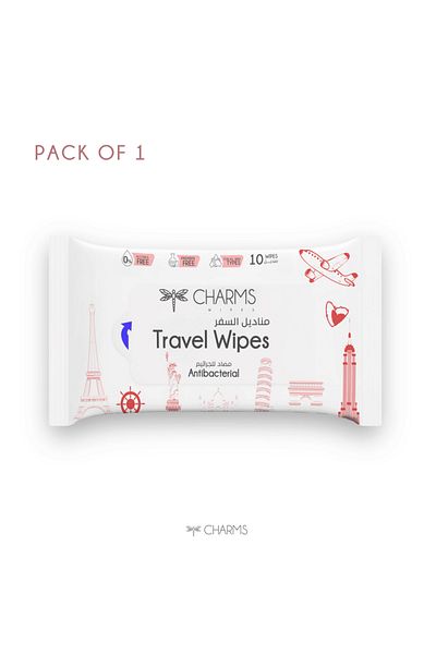 Charms Travel Wipes Antibacterial 10 Sheets | Gentle on Sensitive Skin, Alcohol & Paraben-Free