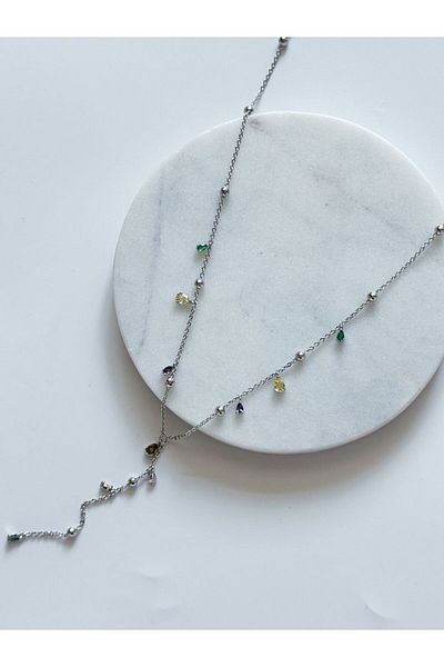 CHARMLUCKY Steel Color Stone Y Necklace
