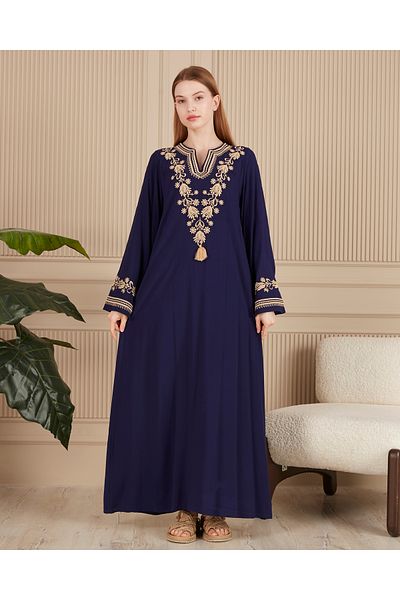EL jadida Women's Embroidered Plus Size Viscose Long Dress Navy Blue
