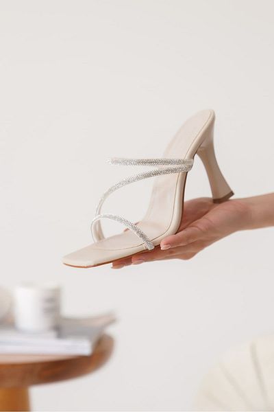 Zerenyus Capella Premium Beige Women's Stone Heeled Slippers