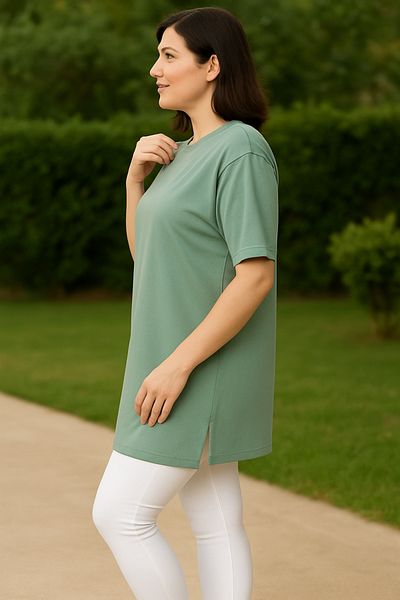 Birol Triko Women's Summer Short Sleeve Slit Water Green Color Tunic