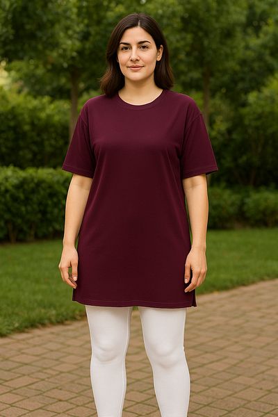 Birol Triko Women's Summer Short Sleeve Slit Cherry Color Tunic