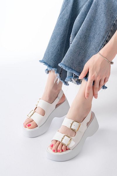 infon shoes creation 24414-572 White Buckle Daily Wedge Heel Women's Sandals