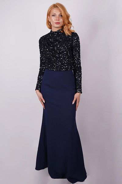 SpringStore Navy Blue Degaje Collar Sequined Evening Dress
