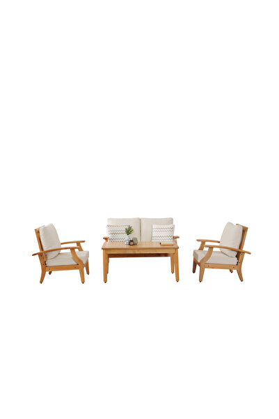 YASÜ Natural Krem Ahşap Balkon Bahçe Takım Mobilya Oturma Grubu Masa Berjer Kanepe Sünger Minder 211s