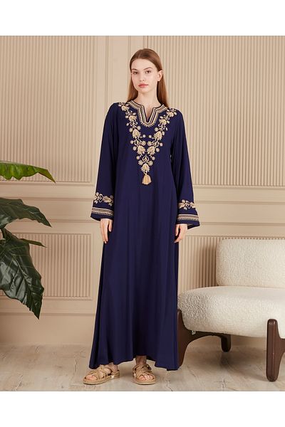 EL jadida Women's Embroidered Plus Size Viscose Long Dress Navy Blue