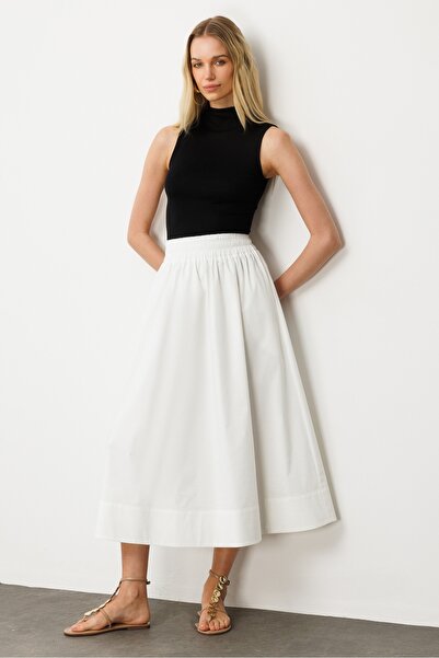 GLENDA Beyaz Bel Lastikli Ve Cepli Astarlı Midi Etek