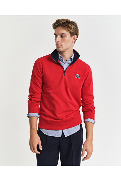 Gant Erkek Kırmızı Regular Fit Yarım Fermuarlı Logolu Sweatshirt