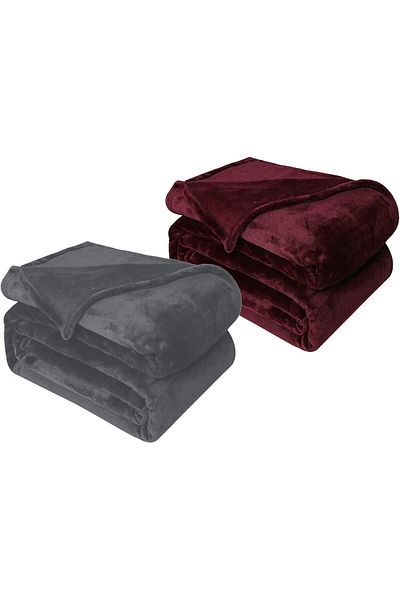 Fabienne Pack of 2 Flannel Throw Blankets Grey/Maroon Single Blanket 150x200cm