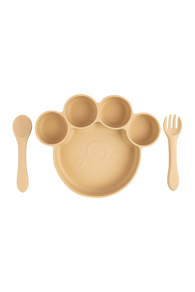 Babies Basic 3 Piece Silicone Feeding Set, with Silicone Suction Plate, Spoon and Fork - Beige