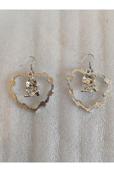 Butik Tülin Authentic Silver Metal Rose Skull Big Heart Dangle Earrings 6.5X4.8Cm Made in Thailand