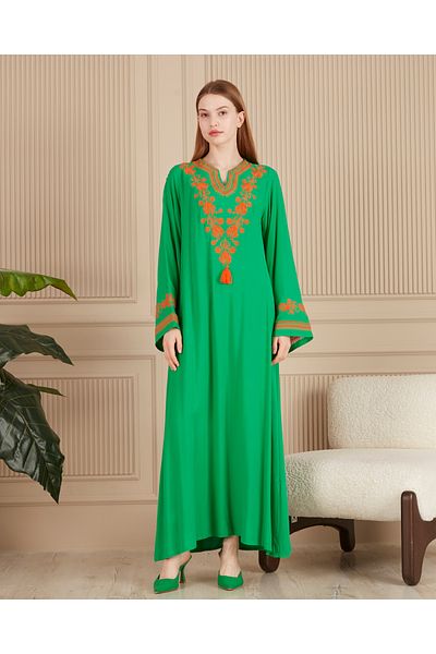 EL jadida Women's Embroidered Plus Size Viscose Long Dress Green