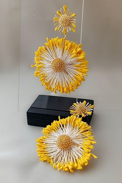 COSİTA Yellow Gold Summer Dress Combination Large Size Flower Figure Tassel Salad Earrings