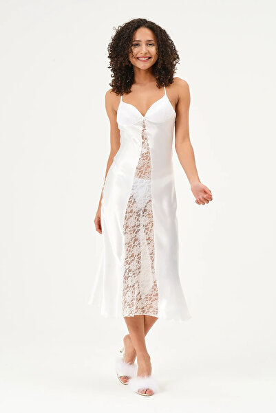 my cherie Cup Midi Satin Nightgown with Lace Detail