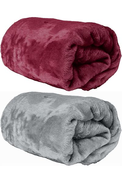 Fabienne Pack of 2 Flannel Throw Blankets Grey/Maroon Double Blanket 200x220cm