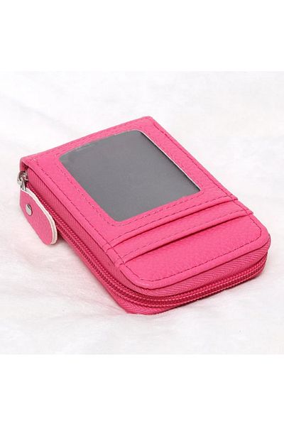 Kemer Dünyası Unisex 11 Compartment Black Zippered Fuchsia Pink Leather Credit Card Holder