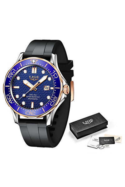 Lige ساعات رجالية جديدة من LIGE باللون الذهبي والأزرق 2025، ساعة غوص فاخرة من...