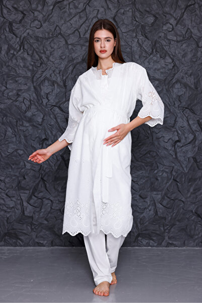 Yulem Homewear Ecru Fisto Linen Summer Maternity Nightgown-Dressing Gown, Pajama Set Set of 4