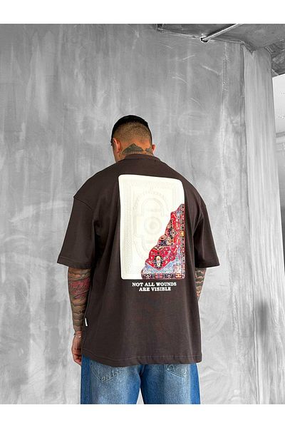 ablukaonline Ανδρικό μπλουζάκι με στάμπα Oversize καφέ