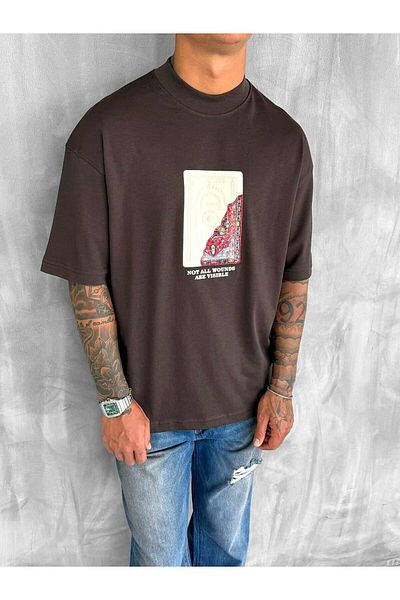 ablukaonline Ανδρικό μπλουζάκι με στάμπα Oversize καφέ