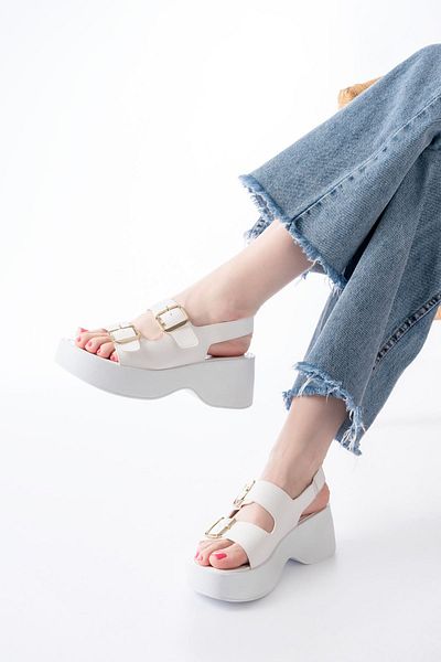 infon shoes creation 24414-572 White Buckle Daily Wedge Heel Women's Sandals