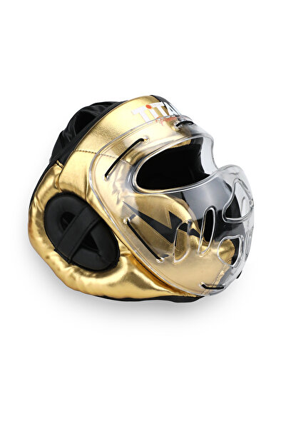 Titan Sport Yüz Korumalı Boks Kaskı , Siyah - Altın (Gold) Camlı Model