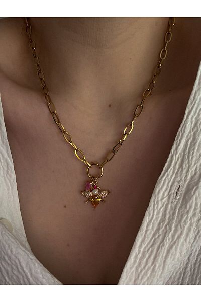 CHARMLUCKY Steel Bee Heart Charm Necklace