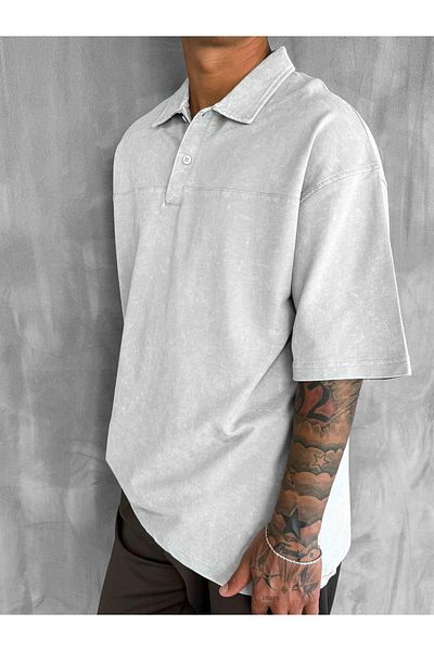 ablukaonline Ανδρικό μπλουζάκι με γιακά πόλο Oversize που πλένεται γκρι