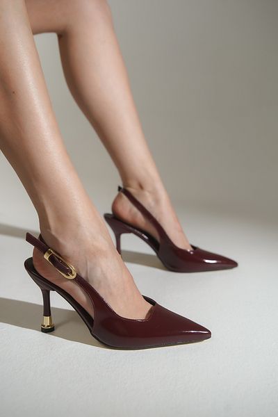 lovitto Women's Patent Leather Gold Heel Burgundy Stiletto Shoes