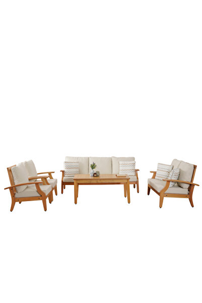 YASÜ Natural Krem Ahşap Balkon Bahçe Takım Mobilya Oturma Grubu Masa Berjer K...