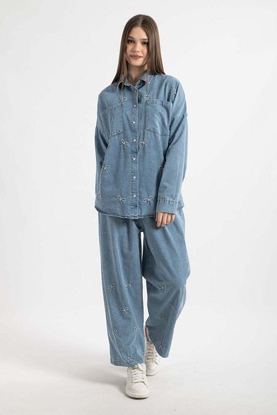 Hatun Atila Ribbon Embroidered and Stone Detailed Denim Suit 8775