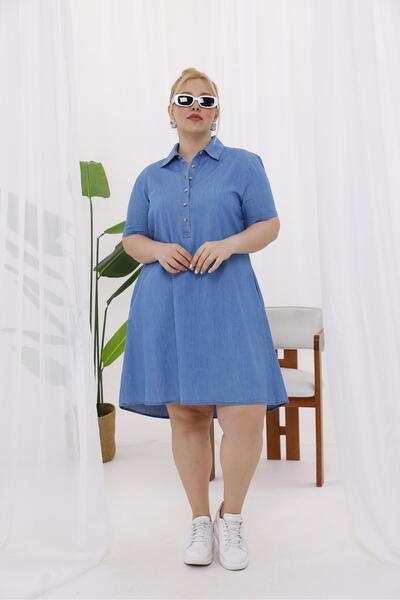 Siyezen Plus Size Polo Neck Button Jean Dress