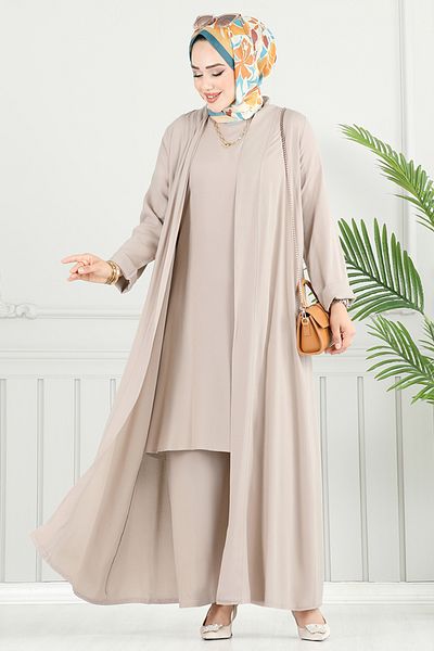 ModaMerve Crew Neck Cardigan Suit 0342Bgs895-M Stone