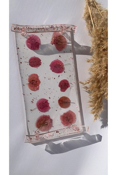 MISS GOLDEN Transparent Epoxy Dried Pink Bougainvillea Pink Glitter Presentation Tray Rectangular Handmade Gift