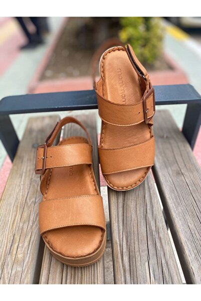 Mammamia 2375 Real Leather Buckle Detailed Velcro Strap Orthopedic Women's Sandals