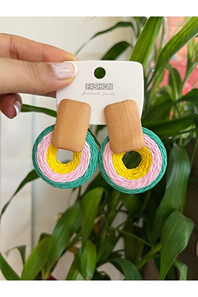 PONÇİK ACCESSORİES Colorful Paper Thread Woven Wooden Detailed Round Earrings - Straw Earrings