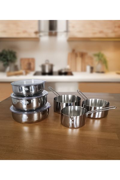 Stell&More Steel 3-Piece Storage Container and 3-Piece Saucepan 9 Piece Set