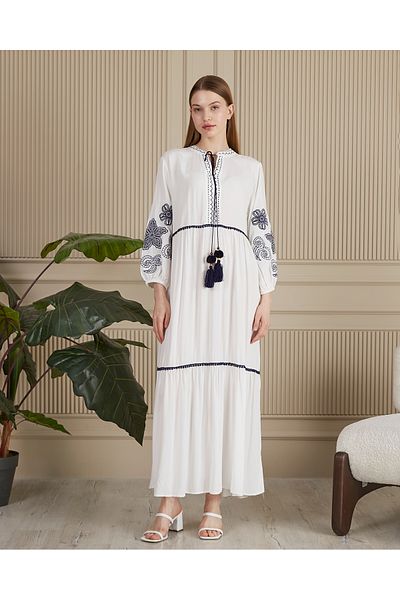 EL jadida Women's Embroidered Plus Size Viscose Long Dress White